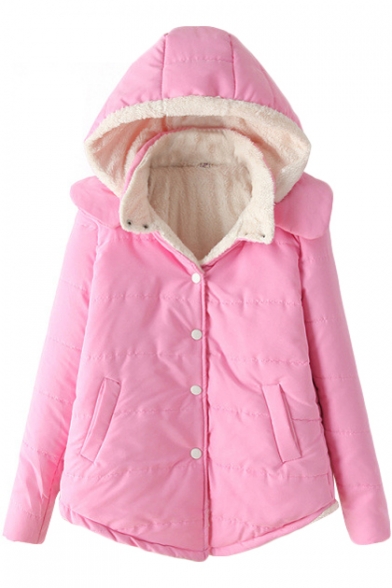 Plain Candy Color Style Hooded Midi Cotton Coat with Button Fly