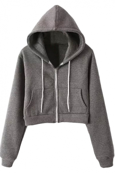 Plain Hooded Zip Fly Long Sleeve Crop Coat with Drawstring