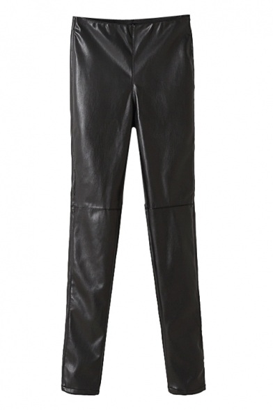 Plain Knee Seam Chamois Leather Skinny Pants with Hidden Elastic Waist
