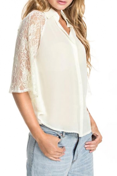 Plain Point Collar Loose Shirt with Lace Inserted Sleeve