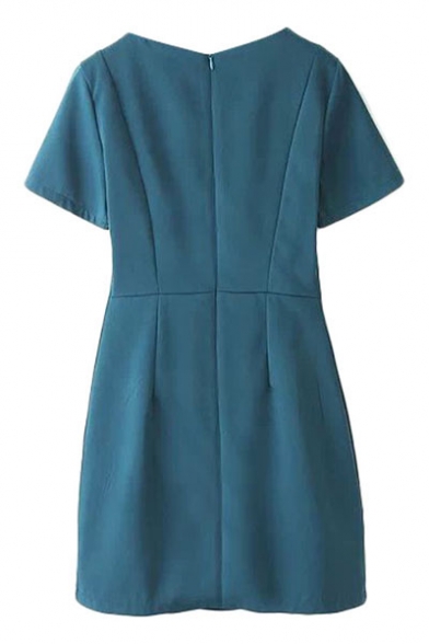 Plain Round Neck Short Sleeve Dress with Side Button and Zip Back ...