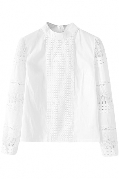White Stand Collar Lace Long Sleeve and Crochet Front Blouse