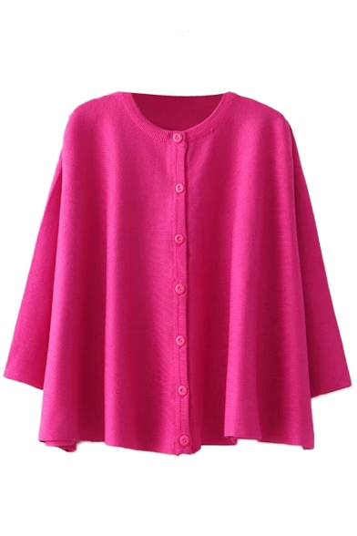 3/4 Sleeve Button Fly Cardigan with Round Neck in Loose Fit