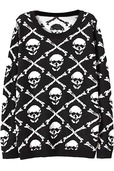 Black Skull Bone Pattern Round Neck Long Sleeve Sweater