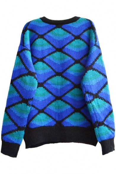 Color Block Diamond Pattern Round Neck Loose Mohair Sweater