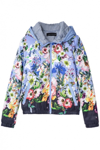 Colorful Floral Print Zipper Fly Hooded Coat with Double Pocket Front