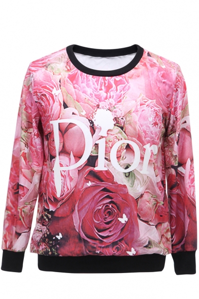Floral and Letter Print Round Neck Long Sleeve Sweatshirt