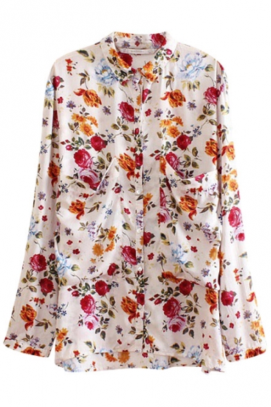 Floral Print Lapel Single-Breast Pockets Long Sleeve Tunic Blouse