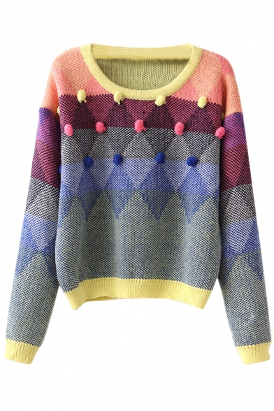 Geometric Jacquard Beaded Round Neck Long Sleeve Sweater