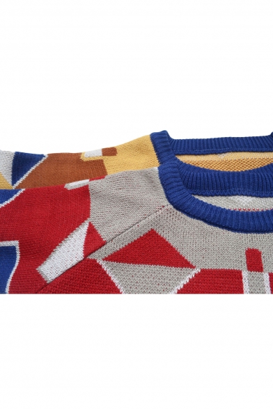 Geometric Jacquard Raglan Sleeve Round Neck Tunic Sweater