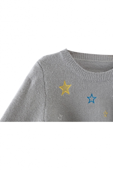 Gray Stars Embroidered Round Neck Long Sleeve Sweater In Loose Fit ...