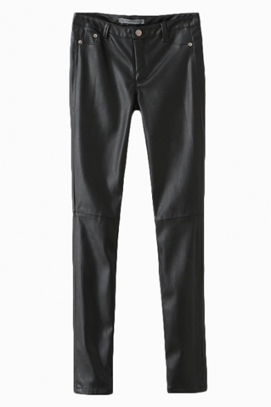Plain Fitted Zipper Fly PU Pants with Extra Wool