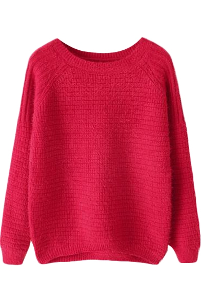 Plain Rib&Cable Knit Raglan Sleeve Sweater with Round Neck