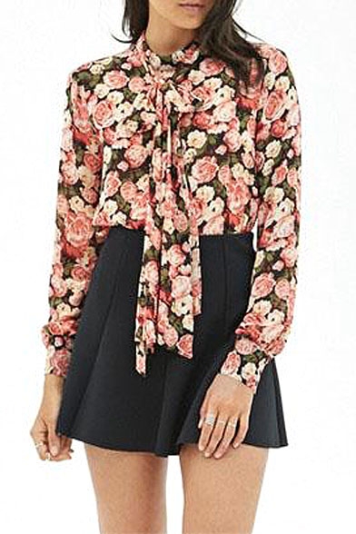 Rose Floral Print Belted Collar Curved Hem Cutout Back Chiffon Blouse