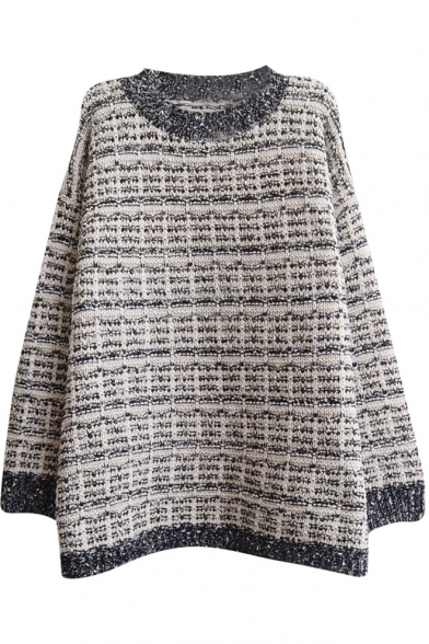 Rural Color Mix Style Round Neck Long Sleeve Loose Sweater