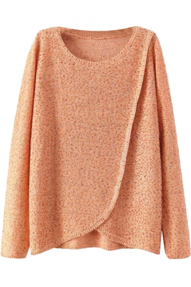 Sequined Round Neck Long Sleeve Sweater with Asymmetrical Hem