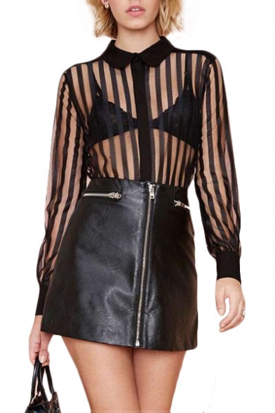 Sexy Sheer Stripe Print Lapel Fitted Button Front Blouse