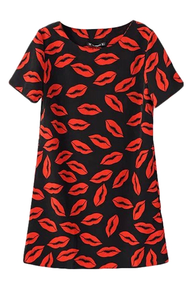Short Sleeve Red Lips Print Round Neck Dress