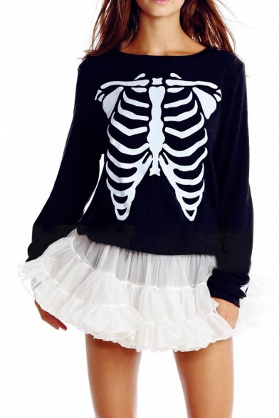 Skeleton Print Trendy Round Neck Long Sleeve Sweatshirt