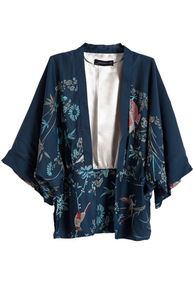 Vintage Floral Print Open-Front 3/4 Sleeve Kimono