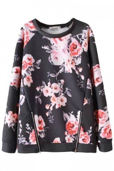 Black Background Floral Print Raglan Sleeve Zippered Sweatshirt