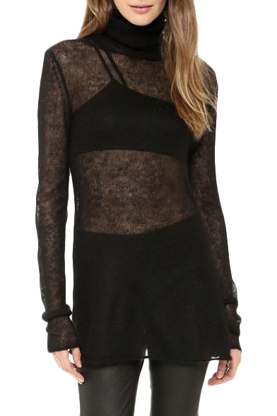 Black Fitted Sheer High Neck Long Sleeve Sweater