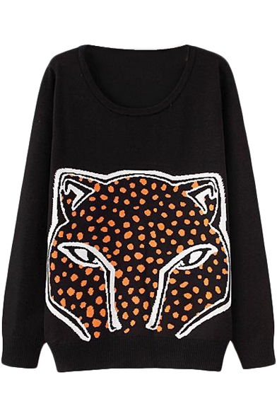 Black Fox Head Print Round Neck Long Sleeve Sweater