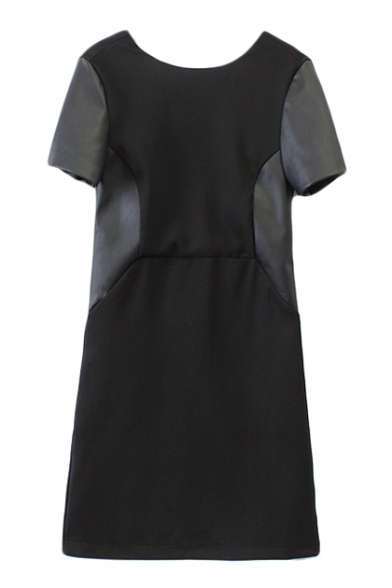 Black Plain PU Panel Short Sleeve Fitted Round Neck Dress