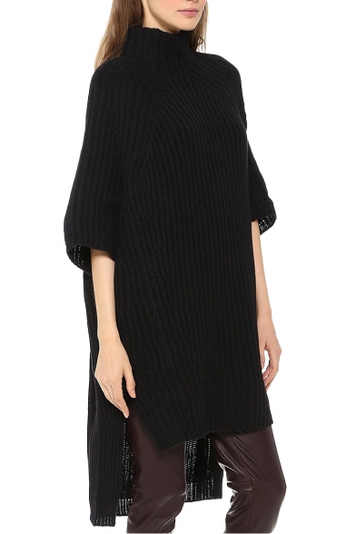 Boyfriend Style High Collar Black Chunky Knitted Column Midi Dress with ...