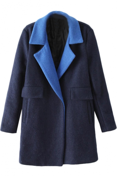 Classic Contrast Trim Single Button Wool Coat with Notched Lapel