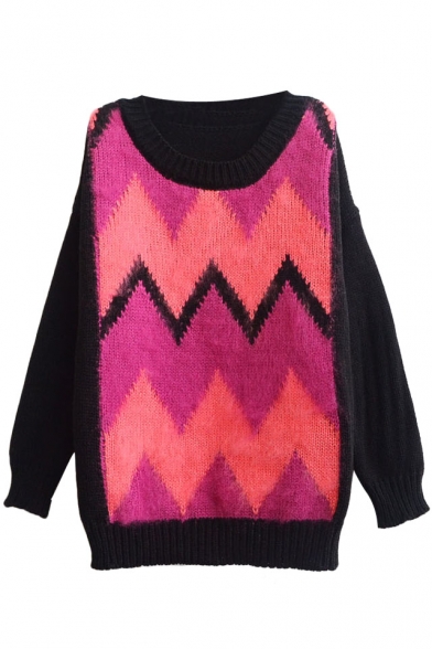 Color Block Sleeve Pink Omber Front Round Neck Sweater