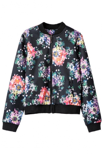 Colorful Floral Print Stand Collar Zipper Fly Jacket