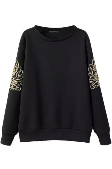 Embroidered Flower Round Neck Sweatshirt with Beaded Sleeve