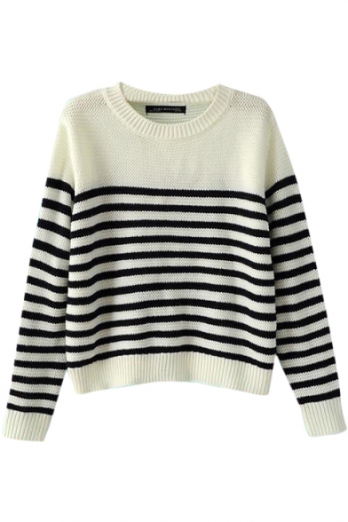 Laid Back Stripe Print Round Neck Long Sleeve Cropped Sweater ...