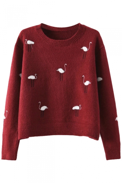 Ostrich Embroidered Round Neck Long Sleeve Cropped Sweater