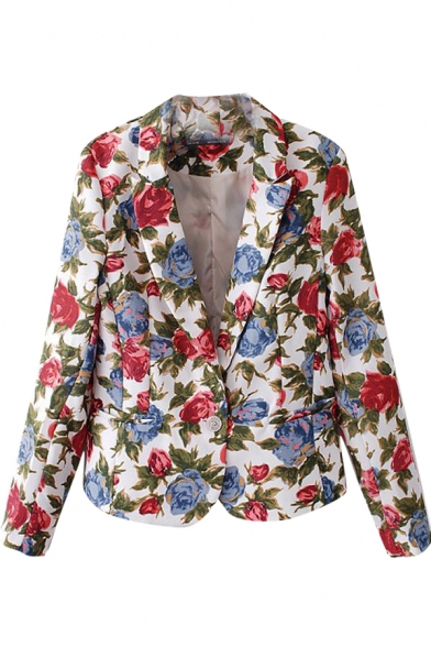 Rose Print Notched Lapel Blazer with Single Button