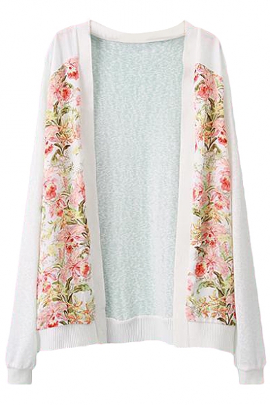 White Floral Print Insert Open Front Cardigan