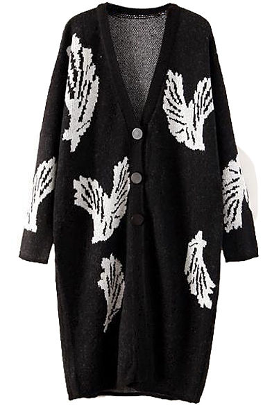 Black Background White Bird Pattern Long Sleeve Cardigan with Button Fly