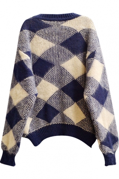 Dipped Hem Round Neck Batwing Sleeve Argyle Pattern Soft Mohair Sweater