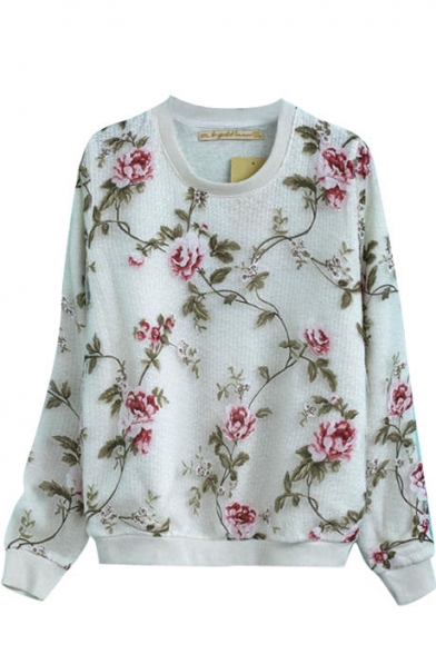 Floral Print Organza Covered Round Neck Long Sleeve Sweatshirt ...
