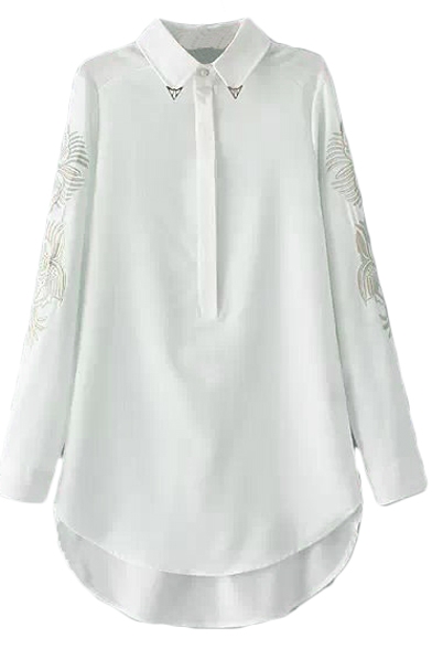 Gold Lapel Plants Embroidered High Low Hem Single Breast Blouse