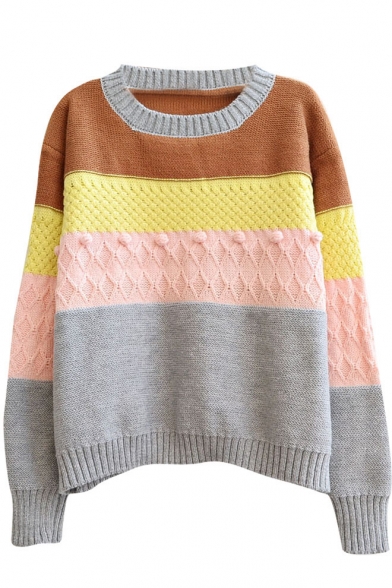 Horizontal Color Block Manual Thread Ball Round Neck Long Sleeve Sweater