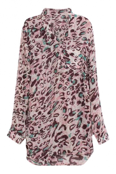 Pink Leopard Print V-Neck Stand Collar High Low Hem Dress