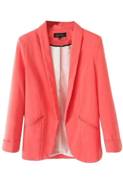 Plain Fitted Oblique Pockets Open Front 3/4 Sleeve Blazer