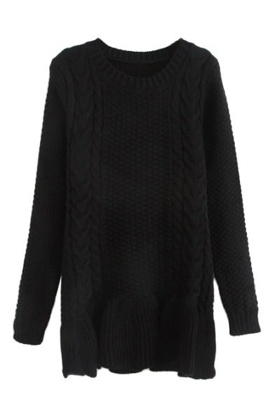 Plain Round Neck Fishtail hem Long Sleeve Sweater - Beautifulhalo.com
