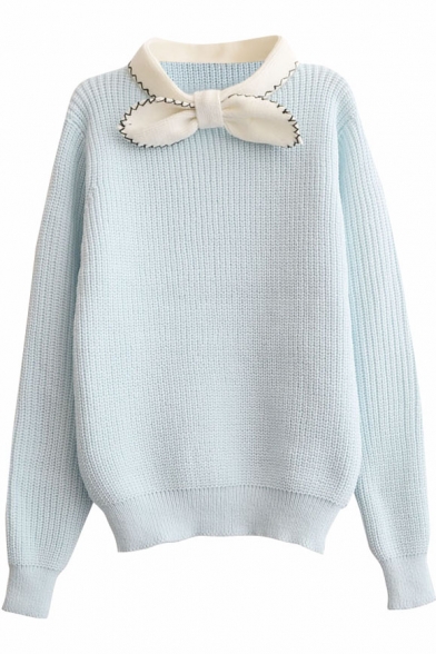 Preppy Look Bow Stand Collar Long Sleeve Fitted Sweater