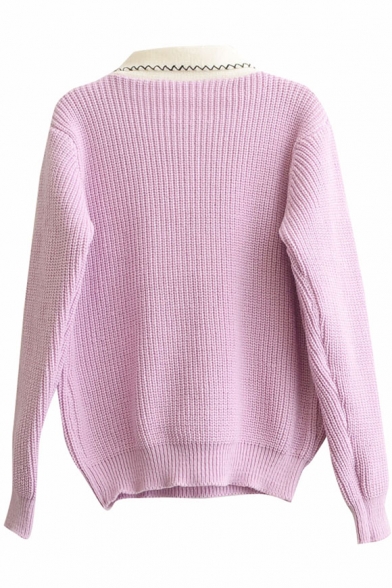Preppy Look Bow Stand Collar Long Sleeve Fitted Sweater - Beautifulhalo.com