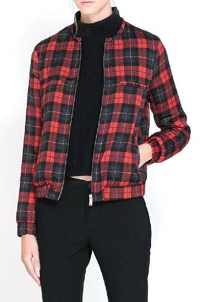 Red Plaid Print Collarless Zippered Long Sleeve Cropped Jacket