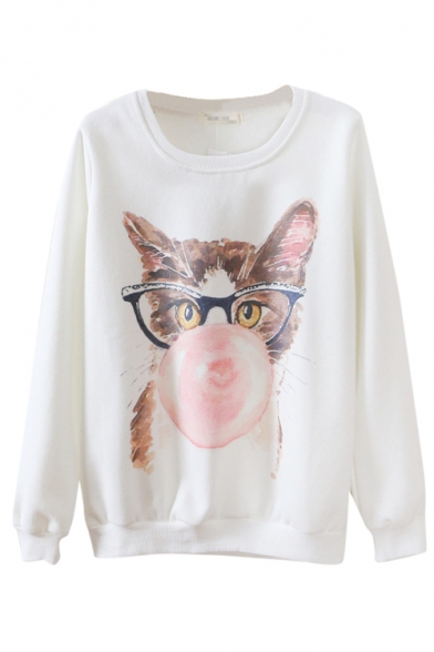 Round Neck Cartoon Cat Wearing Glasses Print Long Sleeve Sweatshirt