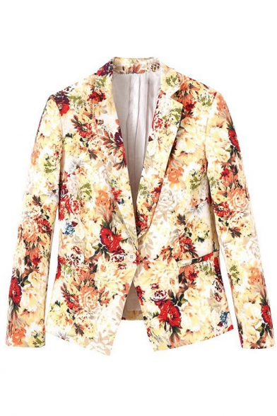 Vintage Yellow Floral Print Notched Lapel Blazer with Single Button